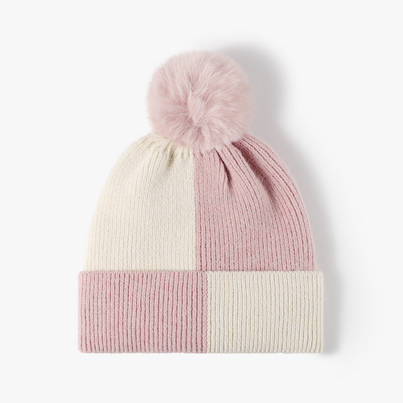 Color Block Pom-Pom Beanie – Faux Rabbit Fur Lined Winter Hat