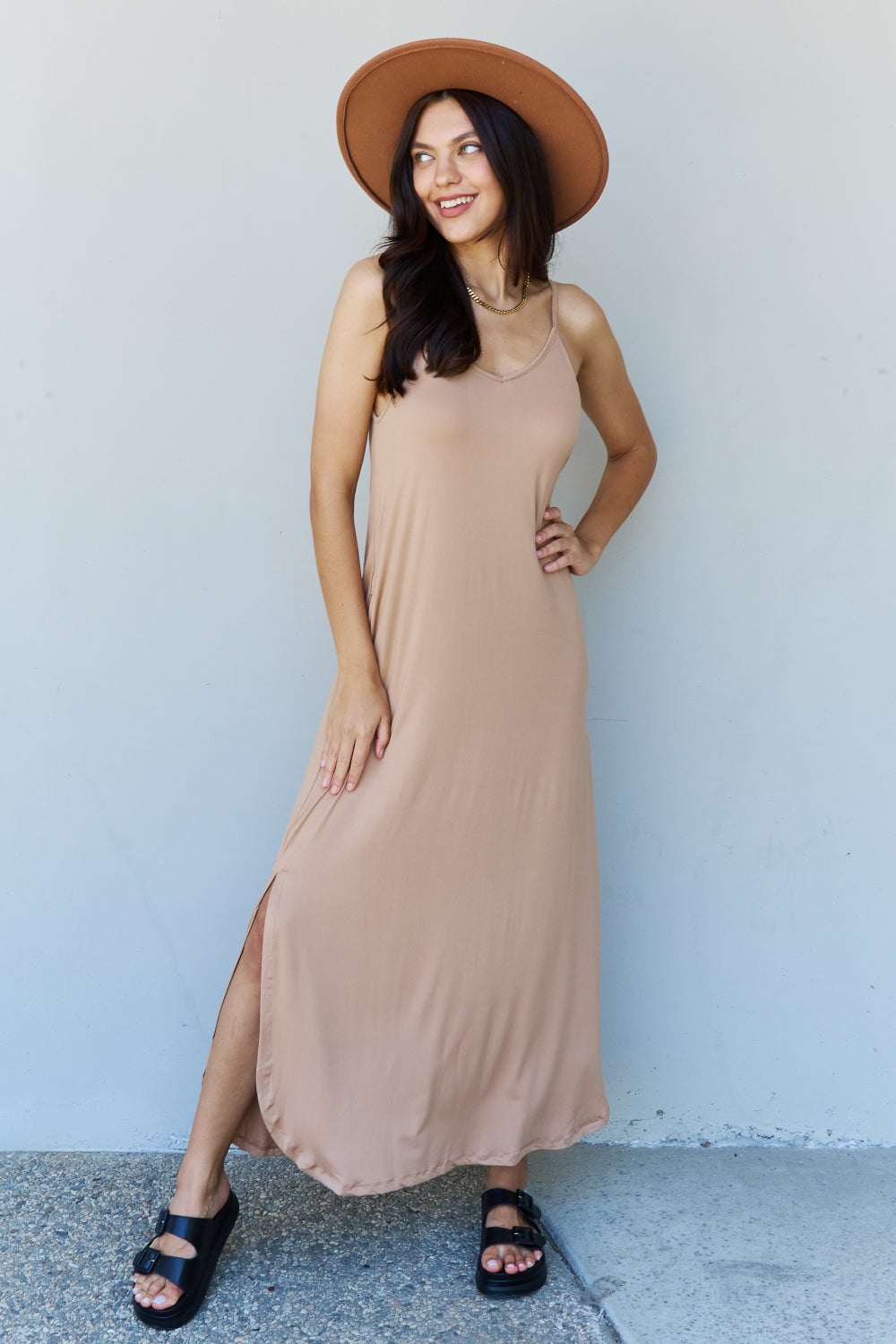 Maxi V-Neck Cami Dress with Side Slit & Pockets