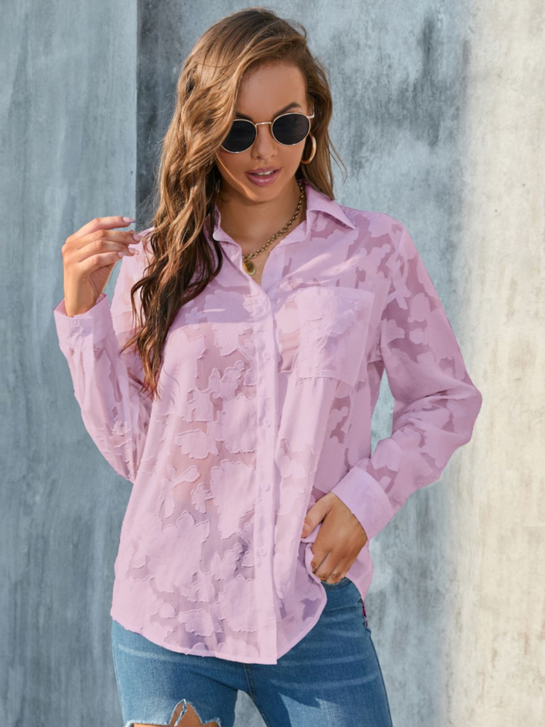 Women’s Floral Textured Button-Up Shirt – Semi-Sheer Elegance in 5 Colors