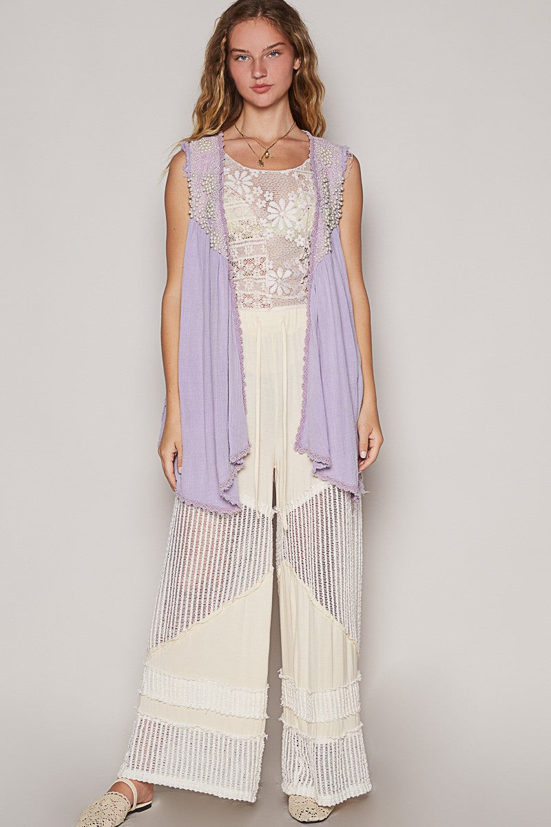 Embroidered Pearls Open Front Sleeveless Cardigan – Elegant & Lightweight Layering Piece