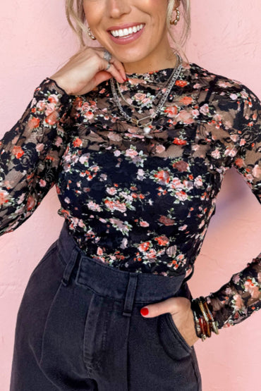 Floral Mesh Sheer Long Sleeve Top – Elegant & Playful Layering Piece