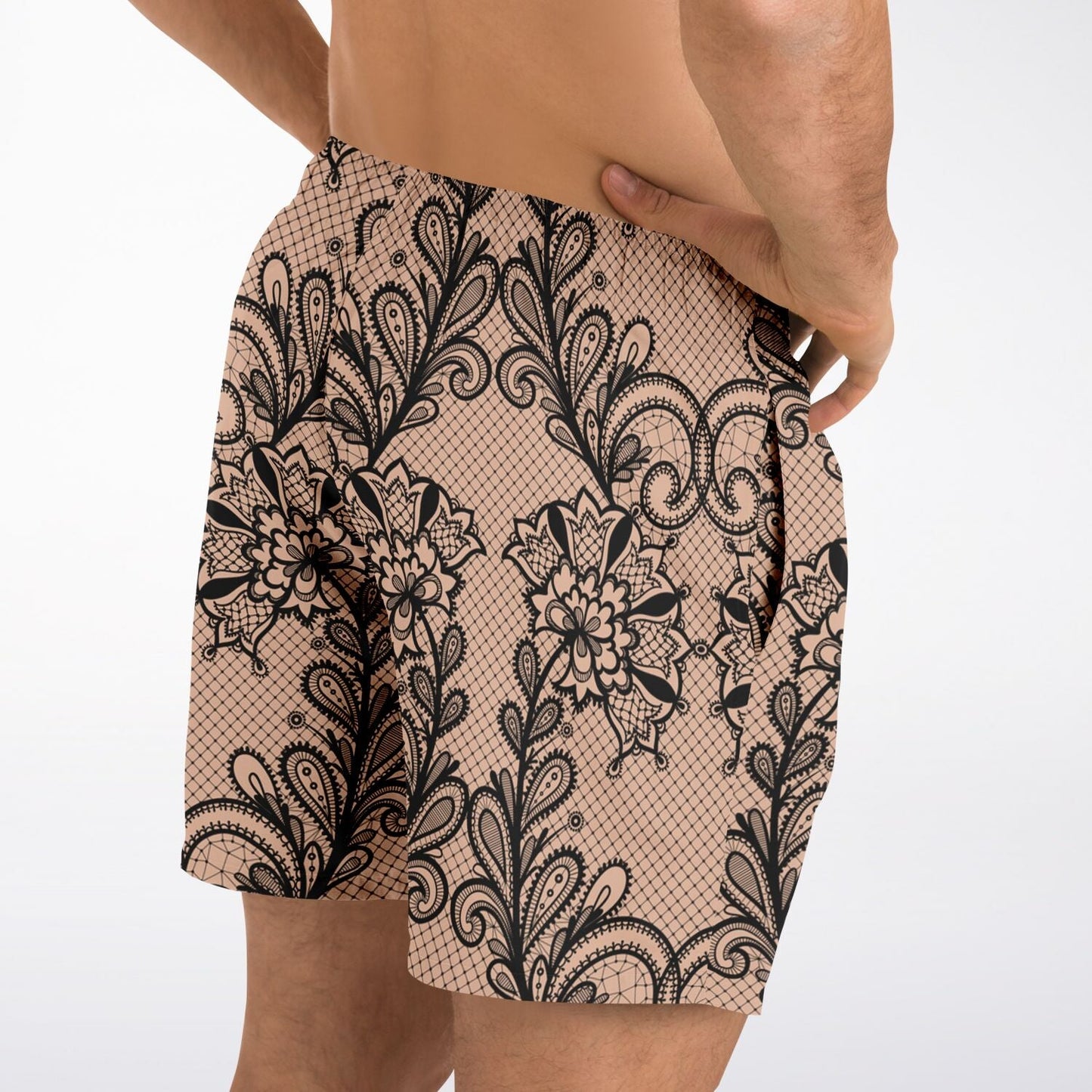 Black & Nude Lace 5.5" Men's Swim Trunks