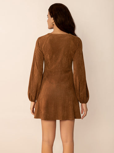 Women’s Embroidered Buttoned Mini Dress – Long Sleeve Suede Style