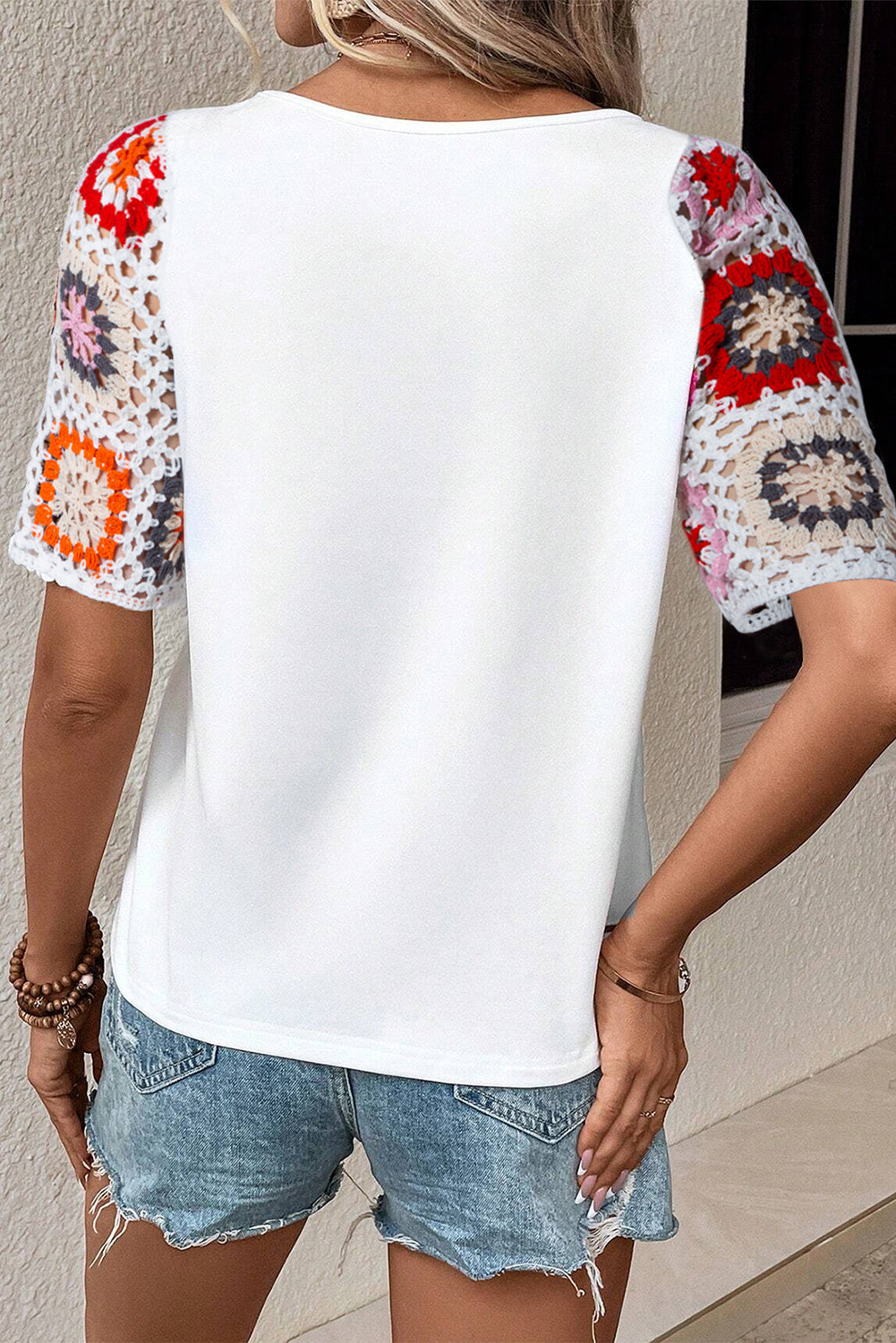 Floral Crochet Sleeve Top - Round Neck Chic Blouse