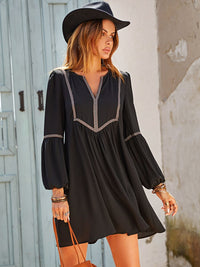 Women's Boho Ruched Long-Sleeve Dress – Black