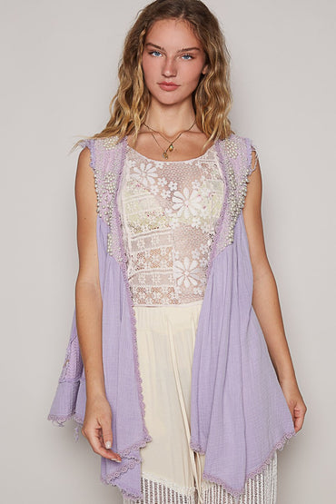 Embroidered Pearls Open Front Sleeveless Cardigan – Elegant & Lightweight Layering Piece