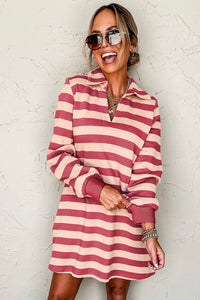 Women's Striped Long-Sleeve Shirt Dress – Black & Dusty Pink