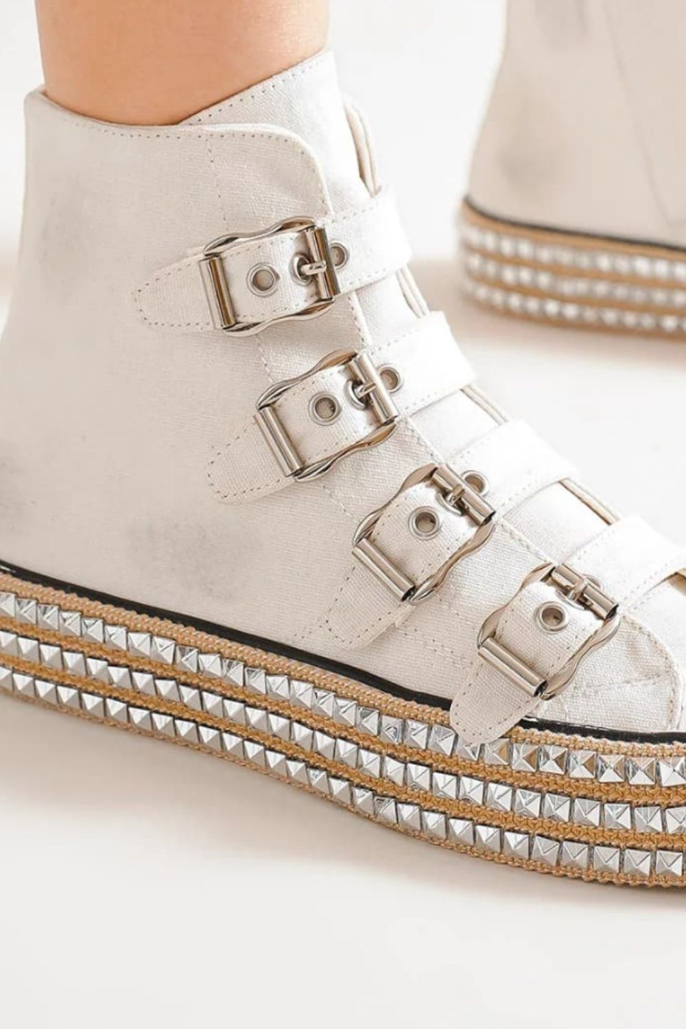 Multi-Buckle Straps Studded Platform Sneakers – Edgy High-Top Canvas Shoes