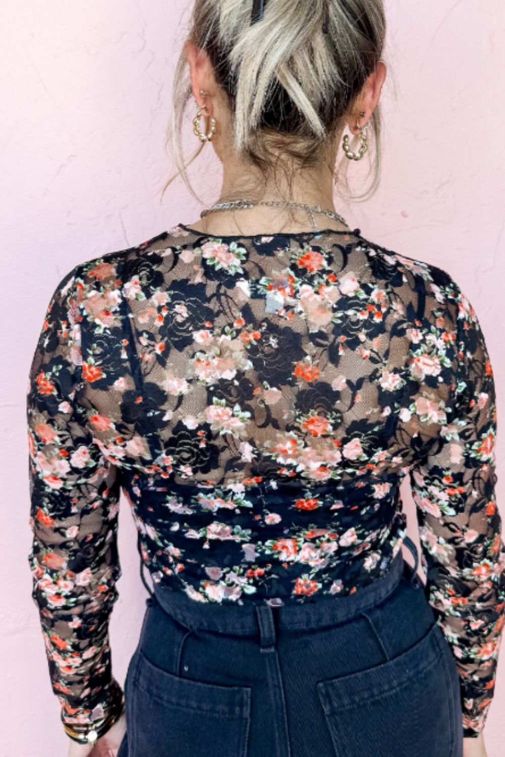 Floral Mesh Sheer Long Sleeve Top – Elegant & Playful Layering Piece