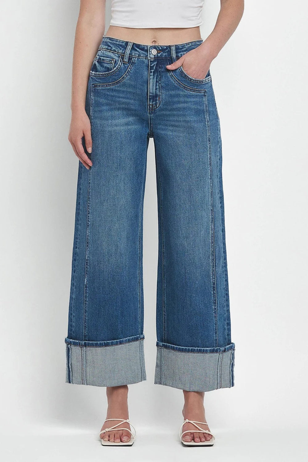 Women’s Wide-Leg Cuffed Denim Pants – Modern & Relaxed Fit