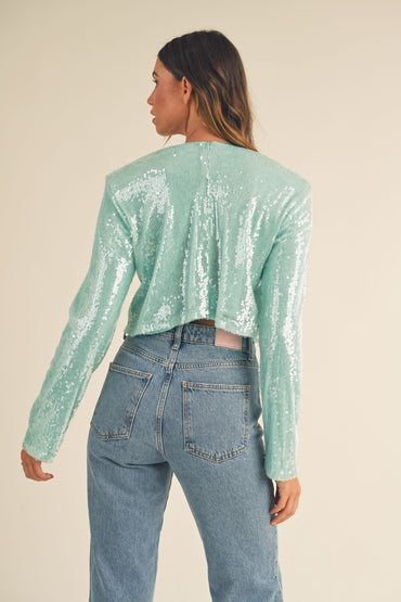 Shoulder-Padded Sequin Crop Top – Bold & Glamorous