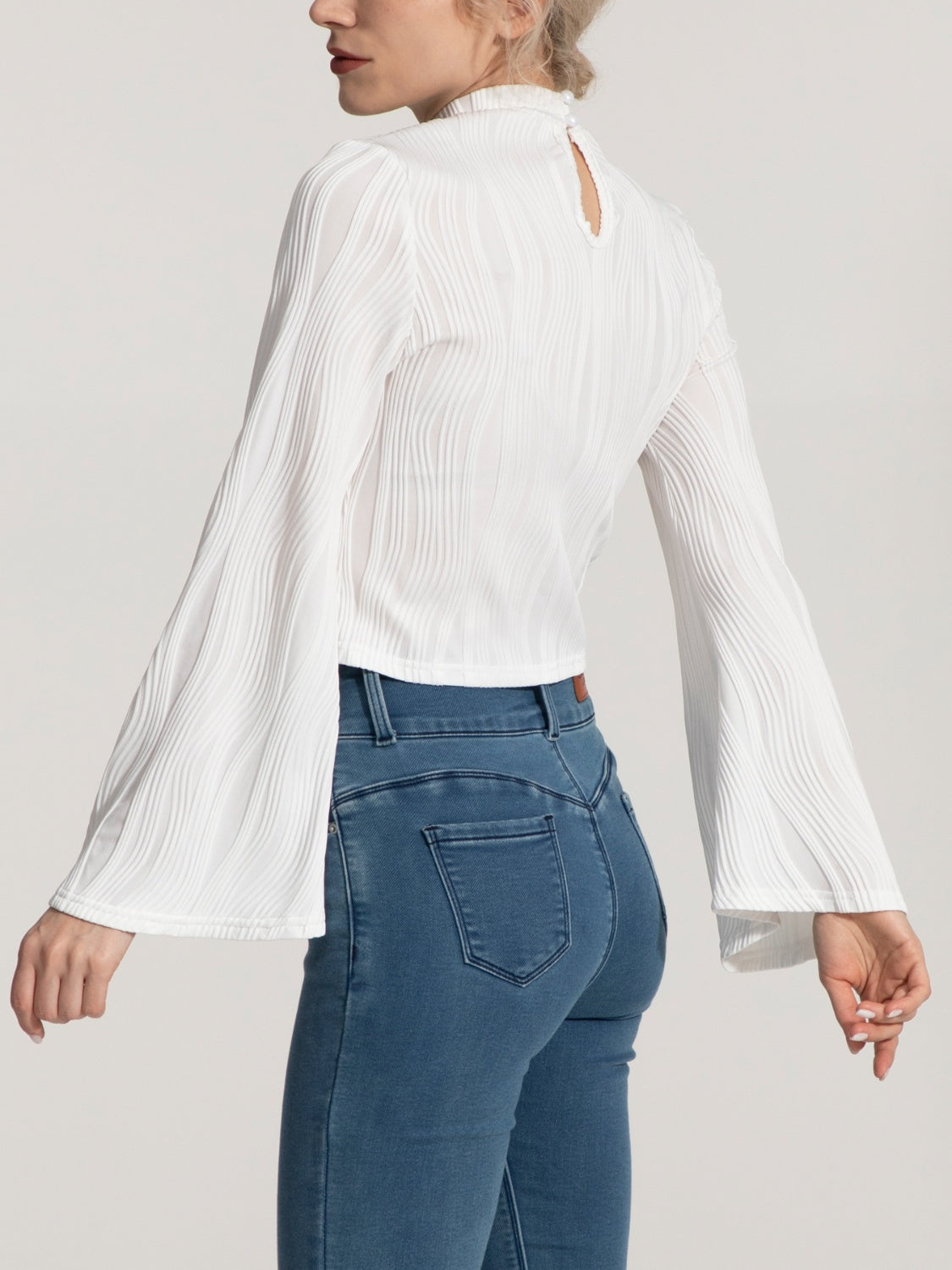 High-Neck Long Sleeve Top with Flared Sleeves – Slightly Stretchy