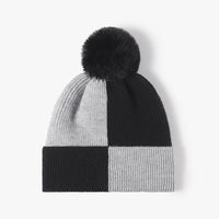 Color Block Pom-Pom Beanie – Faux Rabbit Fur Lined Winter Hat