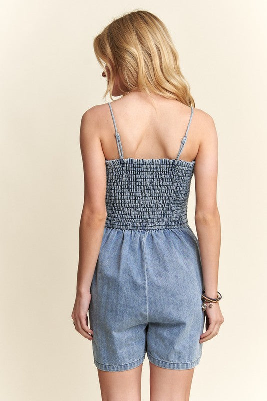 Smocked Spaghetti Strap Denim Romper – 100% Cotton, Casual & Chic