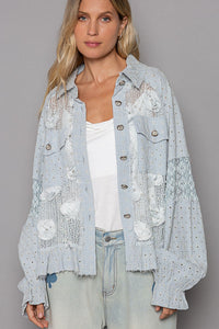 Women’s Eyelet Flower Lace Patchwork Shirt with Pearl Detail