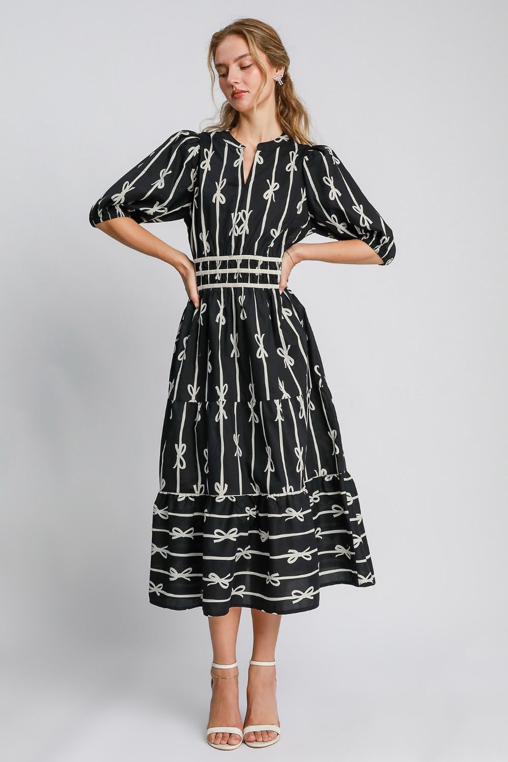 Women's Bow Tie Print Notched Neck Midi Dress with Velvet Trim