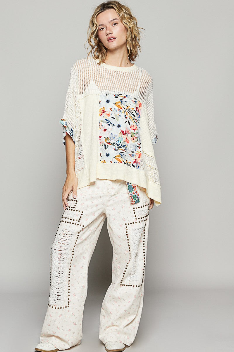 Women’s Hollow Out Floral Knit Half Sleeve Top – Chic & Breezy with Elegant Lace Detail