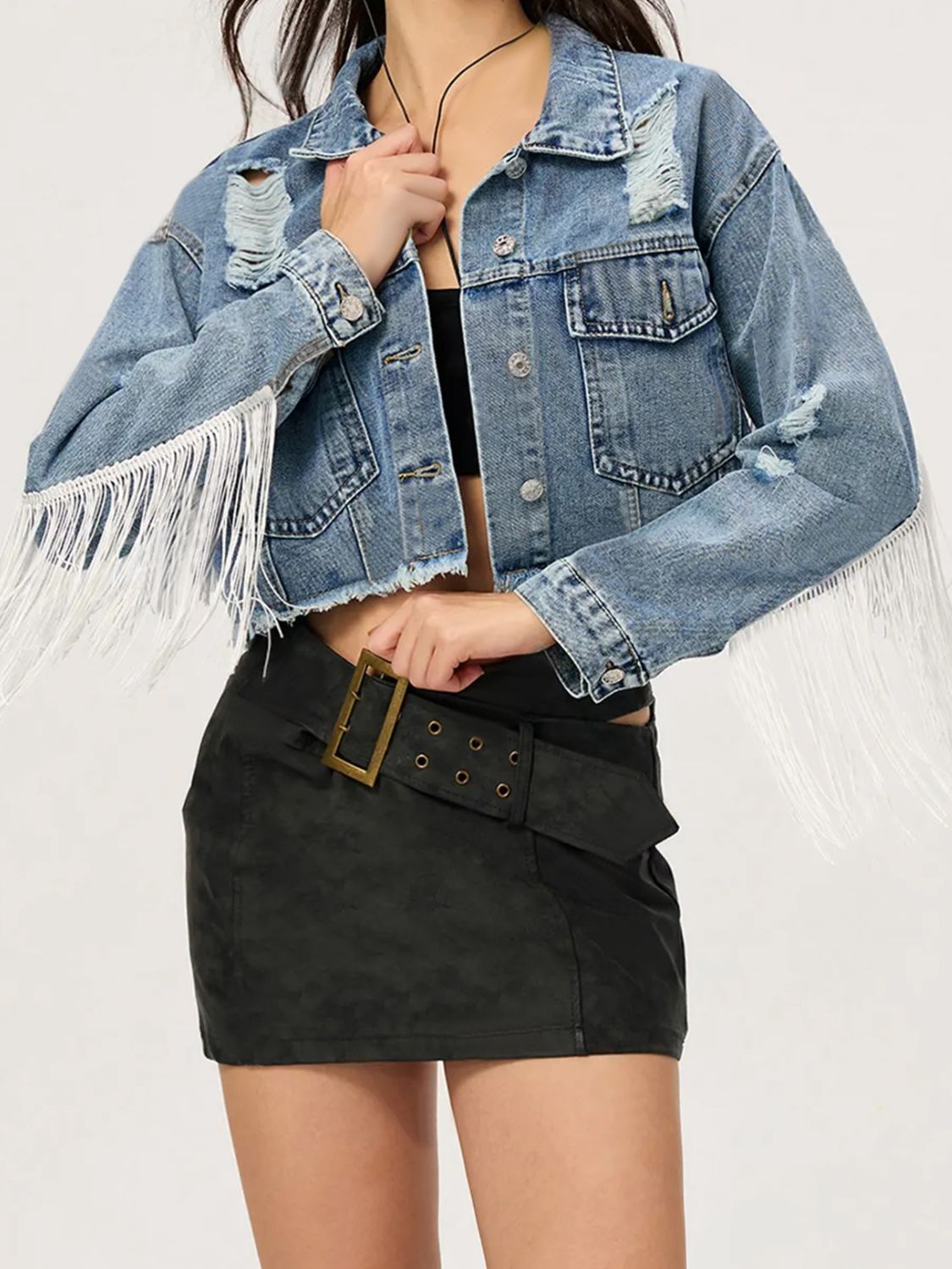 Distressed Denim Jacket with Fringe Detailing – Cropped Button-Up