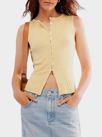 Women’s Buttoned Sleeveless Ribbed Knit Top – Versatile & Stretchy