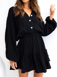 Women’s Buttoned Ruffled Mini Dress – Elegant & Flowy with Long Sleeves