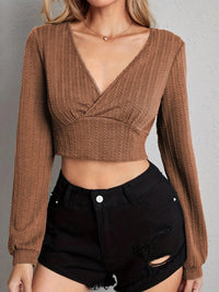 Surplice V-Neck Cropped Top with Long Sleeves – No Stretch