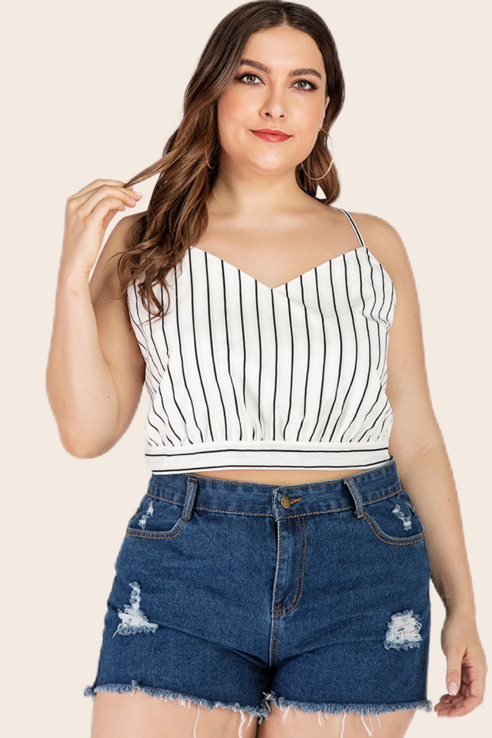 Striped Cropped Top with Tie Back – Sleeveless V-Neck - Plus