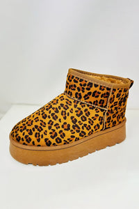 Leopard Print Suede Platform Booties – Faux Fur Lined, Flat Heel