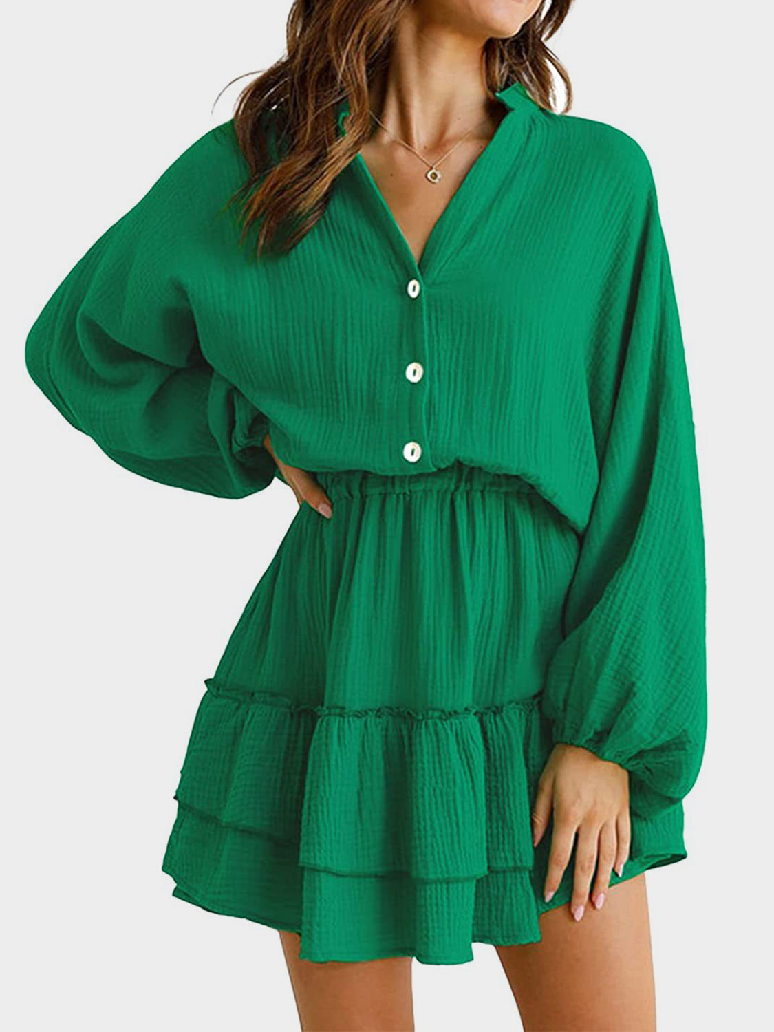 Women’s Buttoned Ruffled Mini Dress – Elegant & Flowy with Long Sleeves