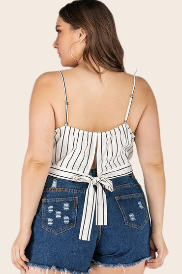 Striped Cropped Top with Tie Back – Sleeveless V-Neck - Plus