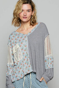 Floral Crochet Patch V-Neck Top – Bohemian Charm with Feminine Details