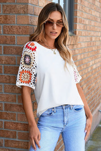 Floral Crochet Sleeve Top - Round Neck Chic Blouse