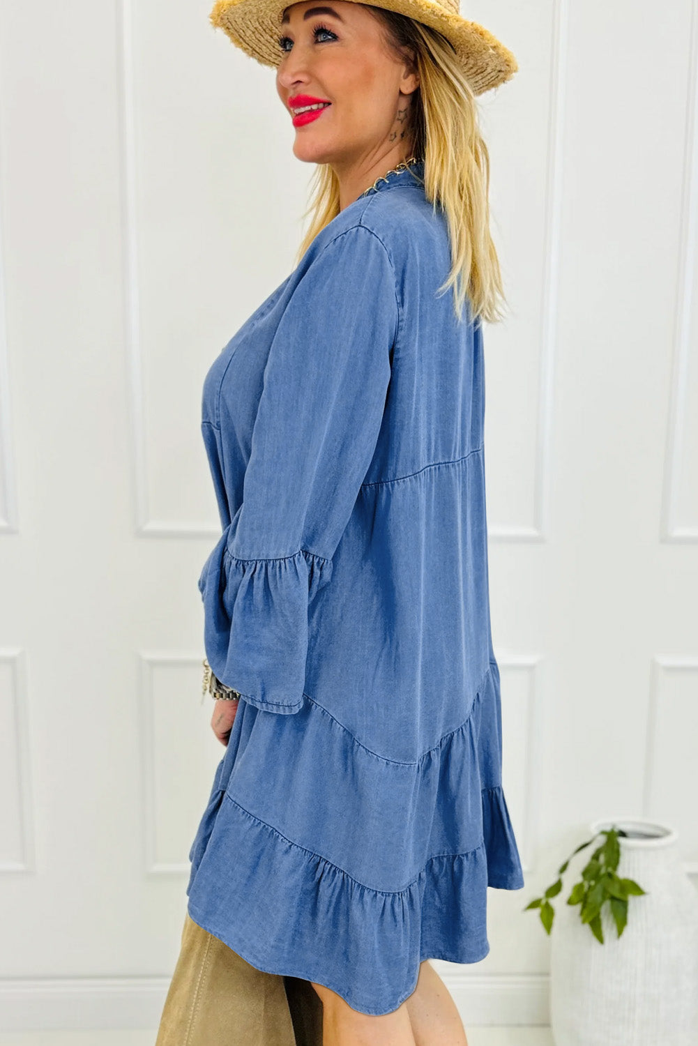 Women’s Tiered Denim Mini Dress – Chic & Comfortable with Bell Sleeves