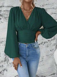 Women’s Ruched Long-Sleeve Blouse – Elegant & Flattering with a V-Neckline