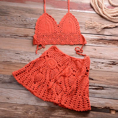 Crochet Halter Top and Skirt Set - Women's Boho Beachwear