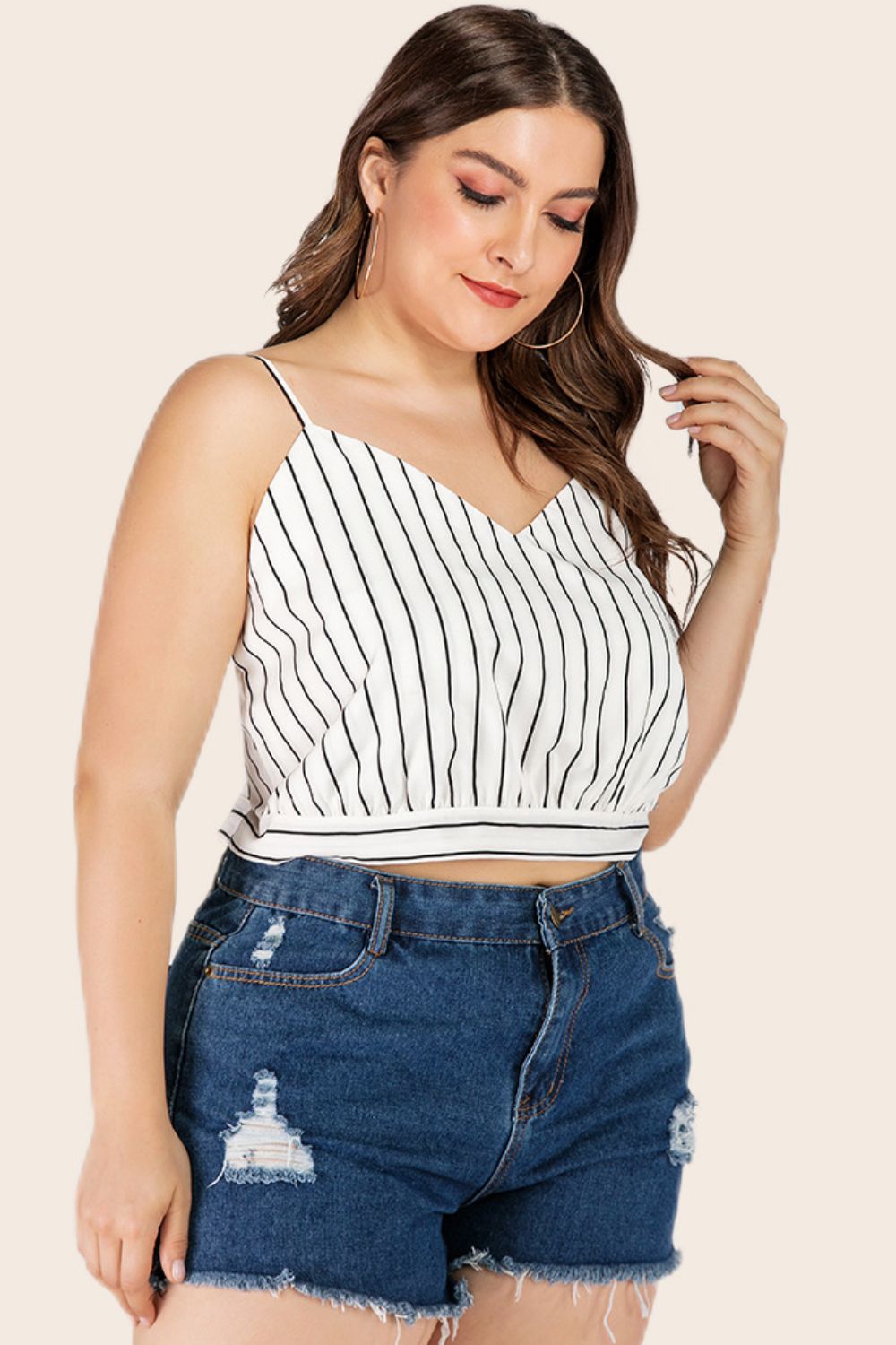 Striped Cropped Top with Tie Back – Sleeveless V-Neck - Plus