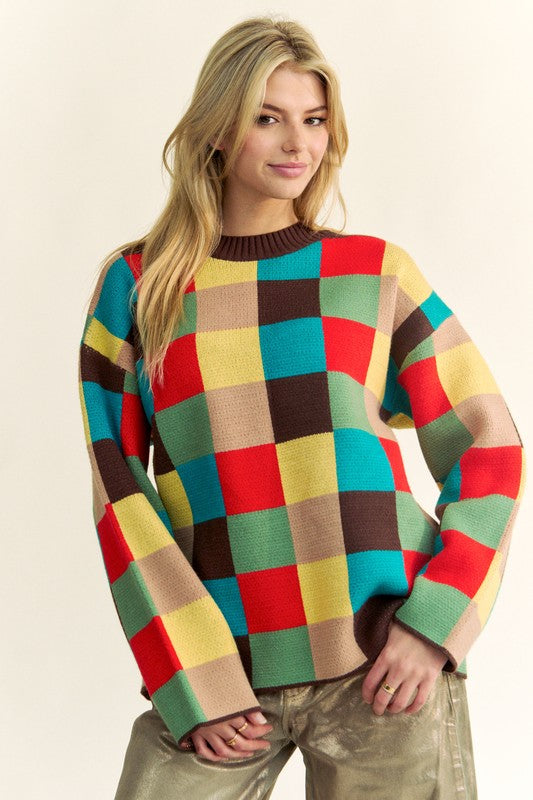 Color Block Checkered Dropped Shoulder Sweater – Trendy and Cozy Knit