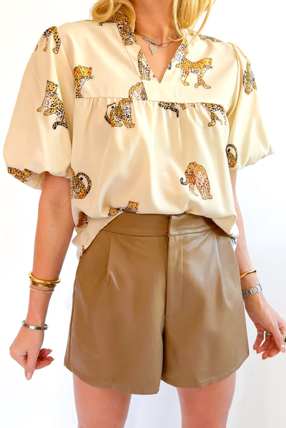 Apricot Cheetah Split Neck Puff Sleeve Blouse