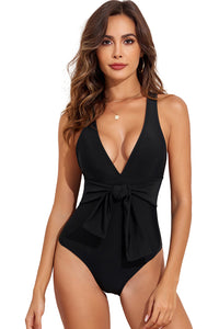 Deep V Neck Tie Waist One-piece Swimsuit