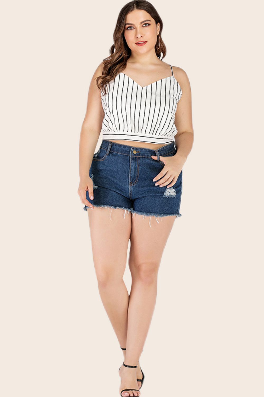 Striped Cropped Top with Tie Back – Sleeveless V-Neck - Plus