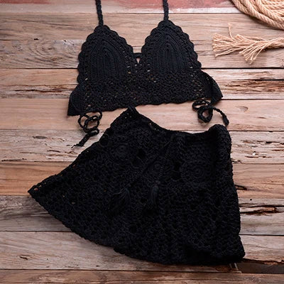 Crochet Halter Top and Skirt Set - Women's Boho Beachwear