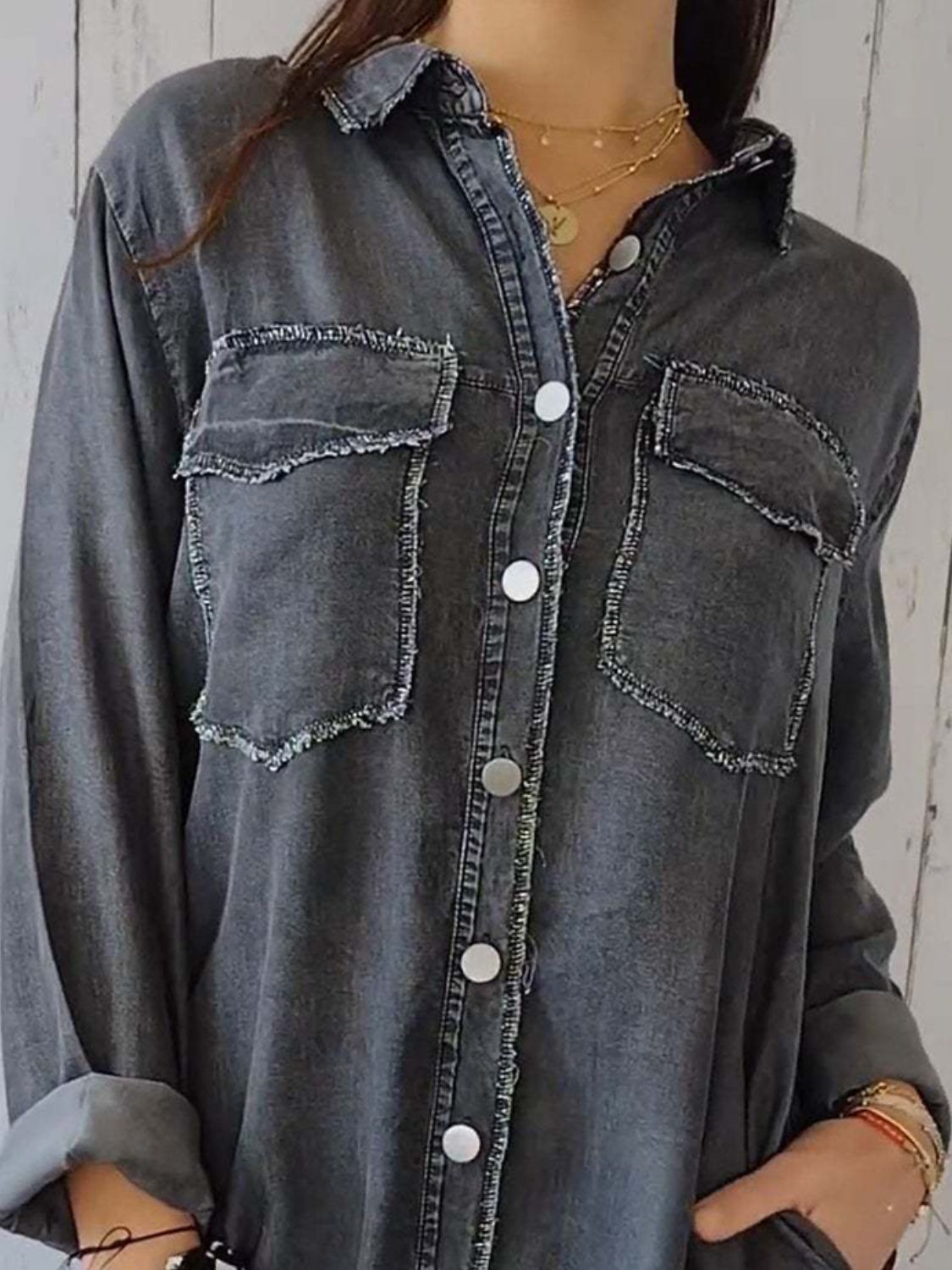 Women’s Long Denim Shacket with Raw Hem – Buttoned & Pocketed Oversized Fit