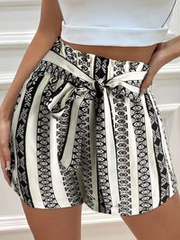 Women's High-Waist Printed Tied Shorts – Black & White Pattern