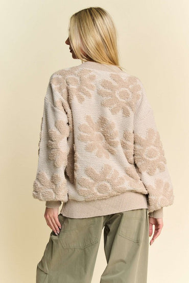 Flower Texture Round Neck Dropped Shoulder Sweater – Cozy and Feminine Style