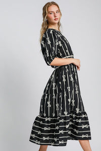 Women's Bow Tie Print Notched Neck Midi Dress with Velvet Trim