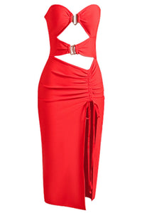 Women's Chic Sweetheart Neck Midi Dress with Tie & Split – Red or White