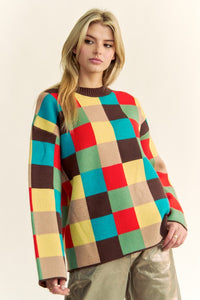 Color Block Checkered Dropped Shoulder Sweater – Trendy and Cozy Knit