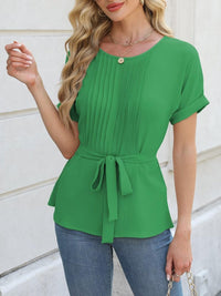 Women’s Ruched Tie-Waist Blouse – Elegant & Flattering Short Sleeve Top