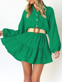 Women’s Buttoned Ruffled Mini Dress – Elegant & Flowy with Long Sleeves