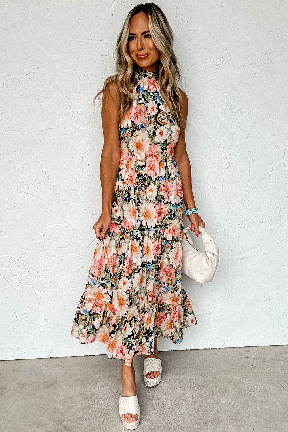 Boho Floral Print Knotted Halter Ruffled Maxi Dress