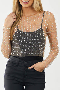 Sheer Mesh Top with Pearl and Rhinestone Detail - Elegant Crop Shirt